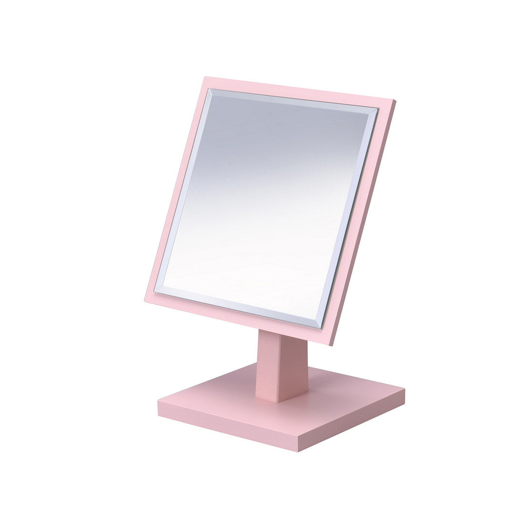 9.5 Inch Tall Polyresin and Wood Makeup Mirror on Pedestal, Pastel Pink Finish