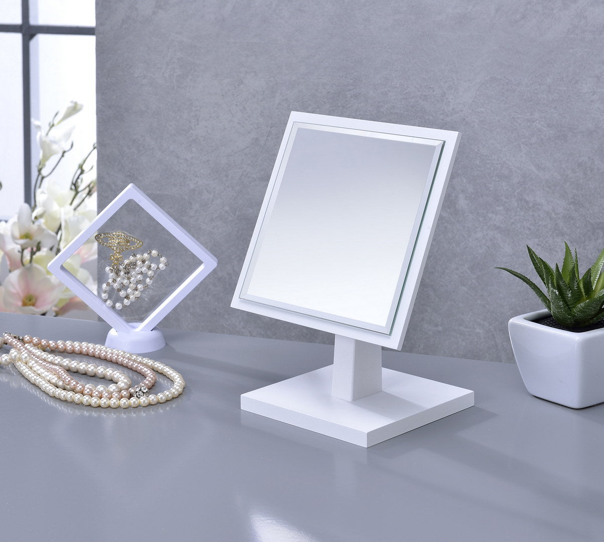 9.5 Inch Tall Polyresin & Wood Pedestal Makeup Mirror, White Finish Tabletop Vanity Mirror