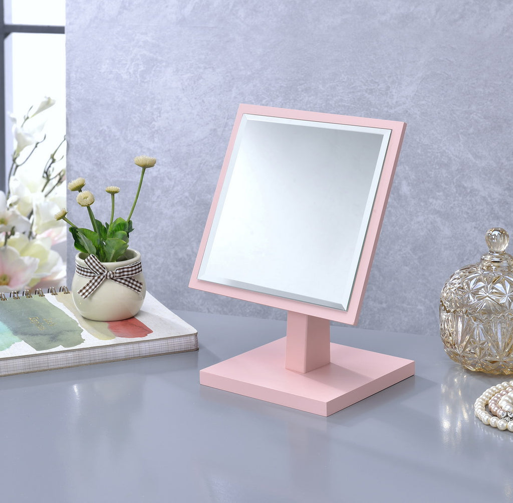 9.5 Inch Tall Polyresin and Wood Makeup Mirror on Pedestal, Pastel Pink Finish