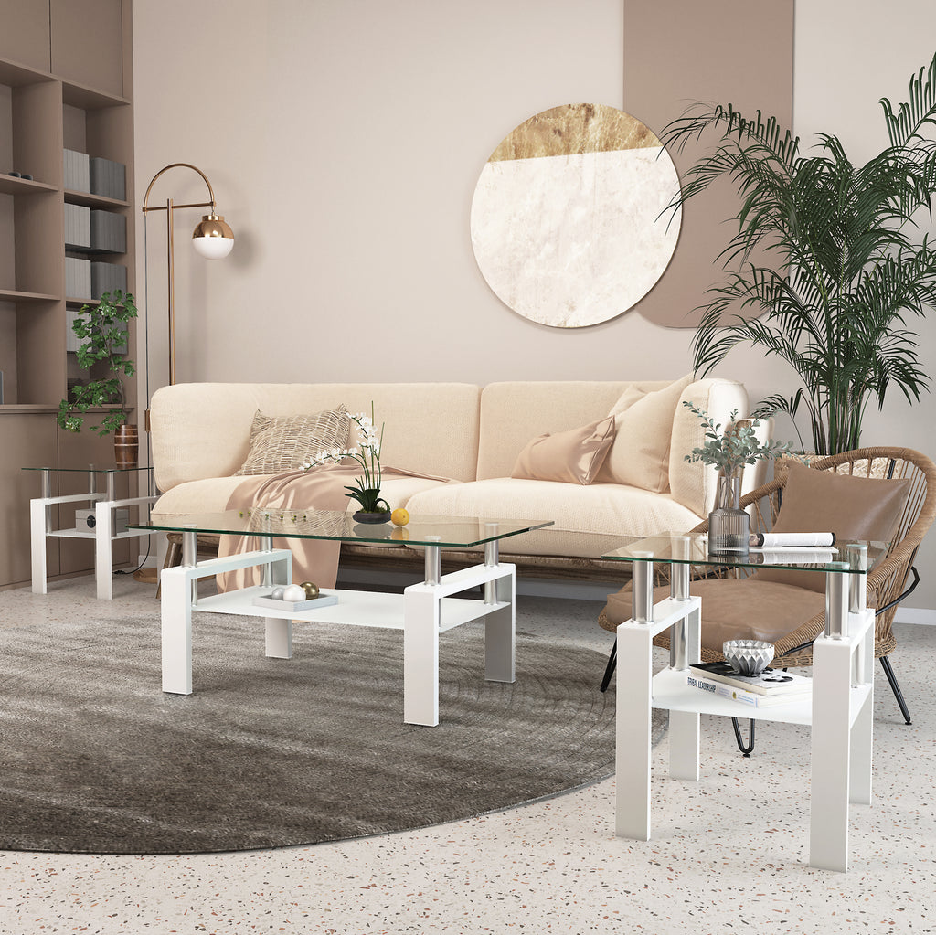 AEELLEEA Set of 2 Clear Tempered Glass End Tables, 17.72 in Square Side Tables with Frosted Shelf, White Metal Frame, 150 lb Capacity