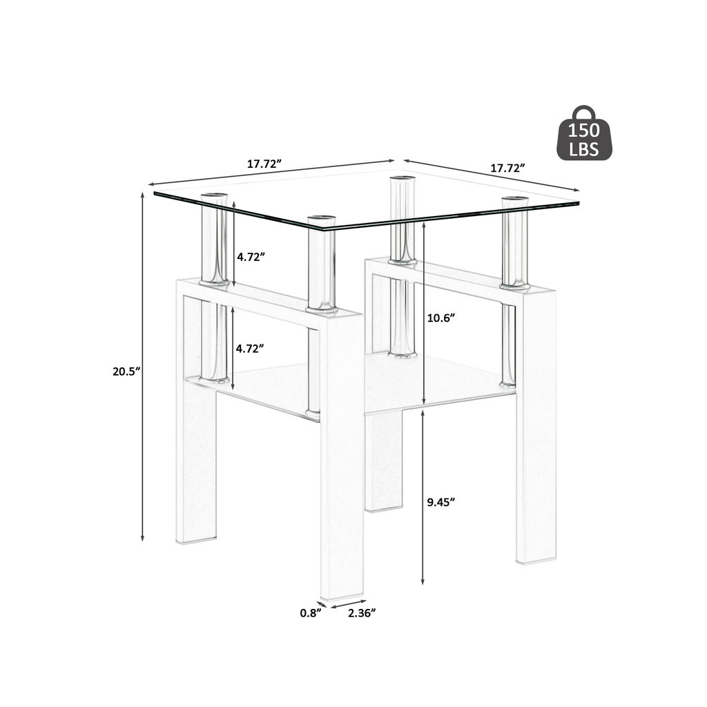 AEELLEEA Set of 2 Clear Tempered Glass End Tables, 17.72 in Square Side Tables with Frosted Shelf, White Metal Frame, 150 lb Capacity