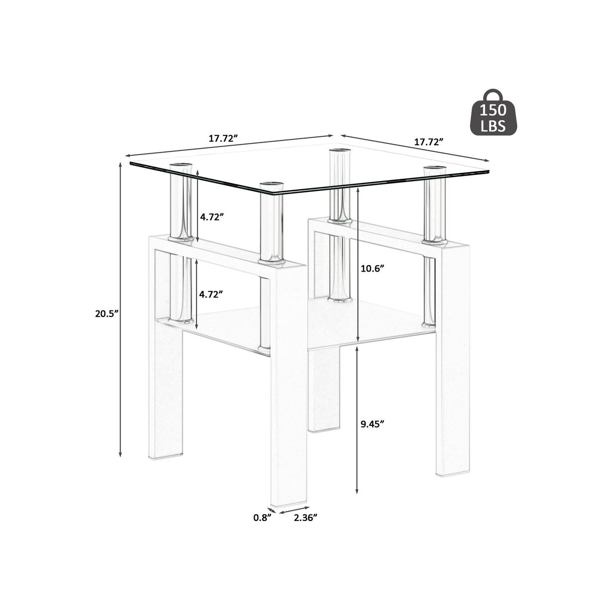 AEELLEEA Set of 2 Clear Tempered Glass End Tables, 17.72 in Square Side Tables with Frosted Shelf, White Metal Frame, 150 lb Capacity