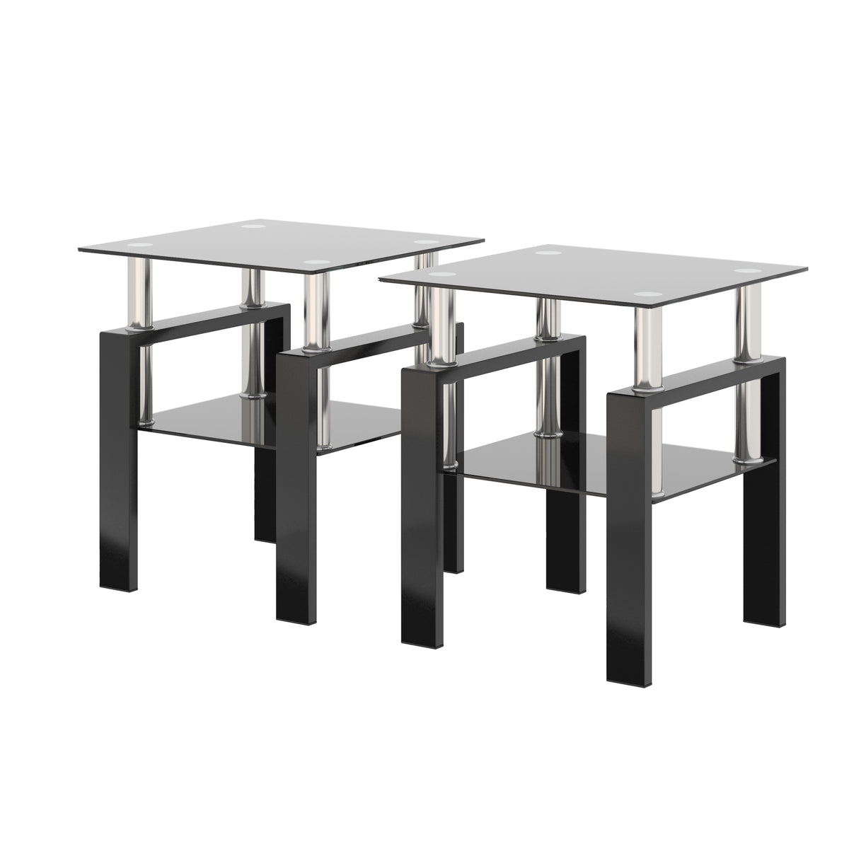 AEELLEEA Set of 2 Black Tempered Glass End Tables, 17.72 in Square Side Tables with Lower Shelf, Metal Frame, 150 lb Capacity