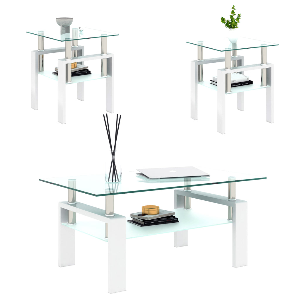 AEELLEEA Set of 2 Clear Tempered Glass End Tables, 17.72 in Square Side Tables with Frosted Shelf, White Metal Frame, 150 lb Capacity