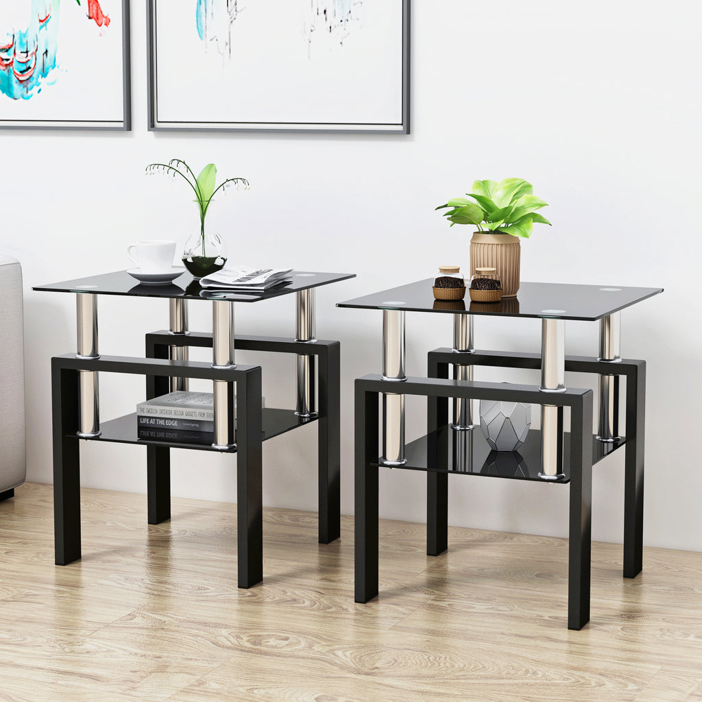 AEELLEEA Set of 2 Black Tempered Glass End Tables, 17.72 in Square Side Tables with Lower Shelf, Metal Frame, 150 lb Capacity