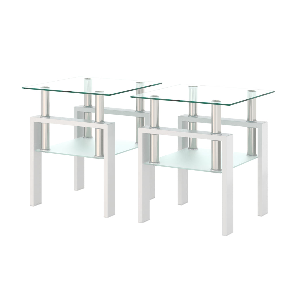 AEELLEEA Set of 2 Clear Tempered Glass End Tables, 17.72 in Square Side Tables with Frosted Shelf, White Metal Frame, 150 lb Capacity