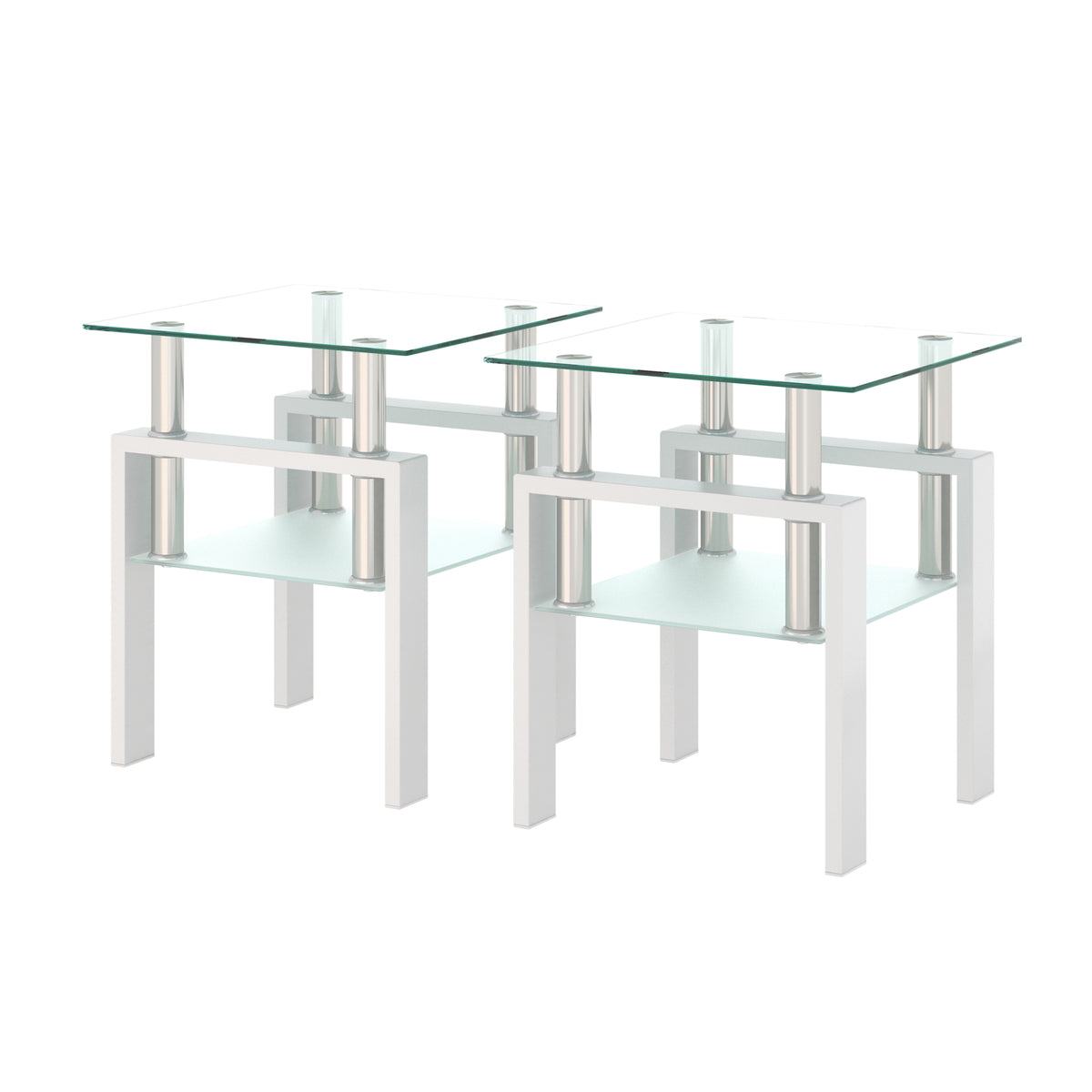 AEELLEEA Set of 2 Clear Tempered Glass End Tables, 17.72 in Square Side Tables with Frosted Shelf, White Metal Frame, 150 lb Capacity