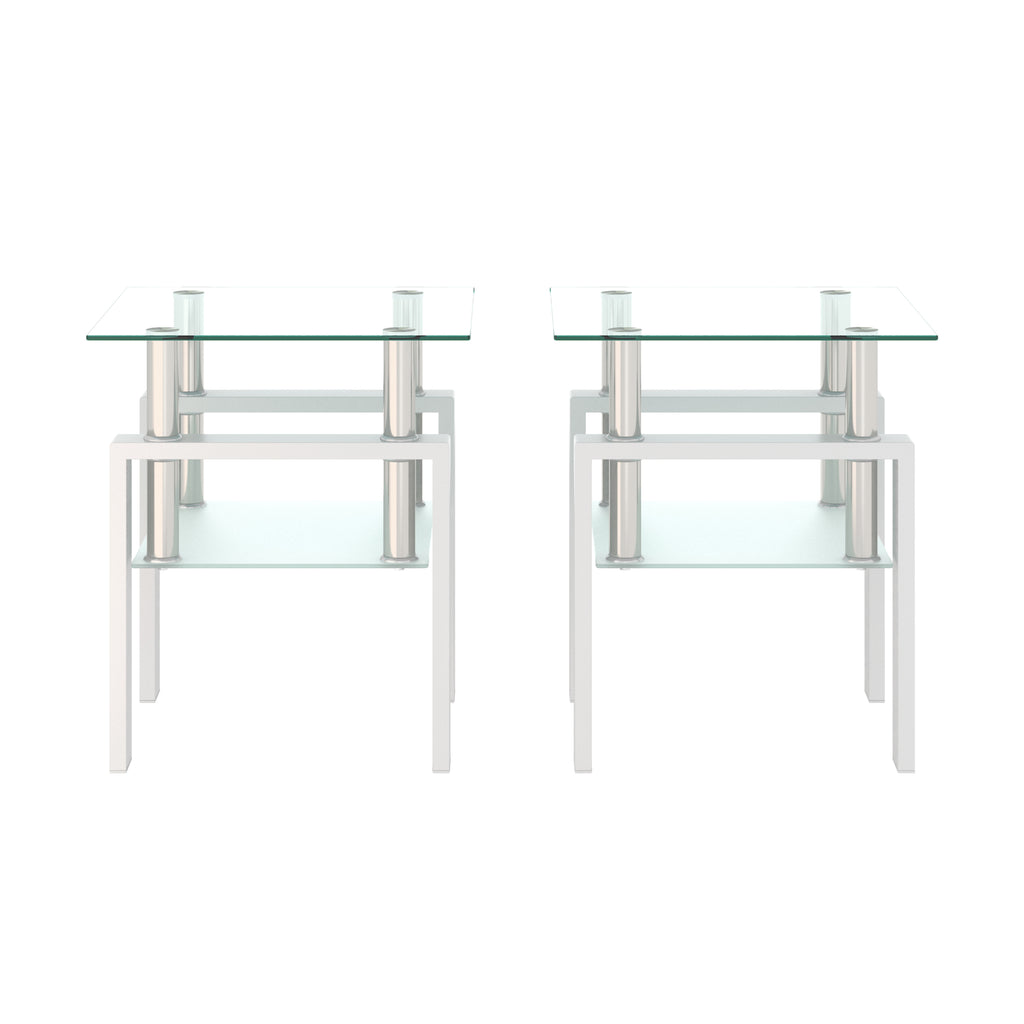 AEELLEEA Set of 2 Clear Tempered Glass End Tables, 17.72 in Square Side Tables with Frosted Shelf, White Metal Frame, 150 lb Capacity