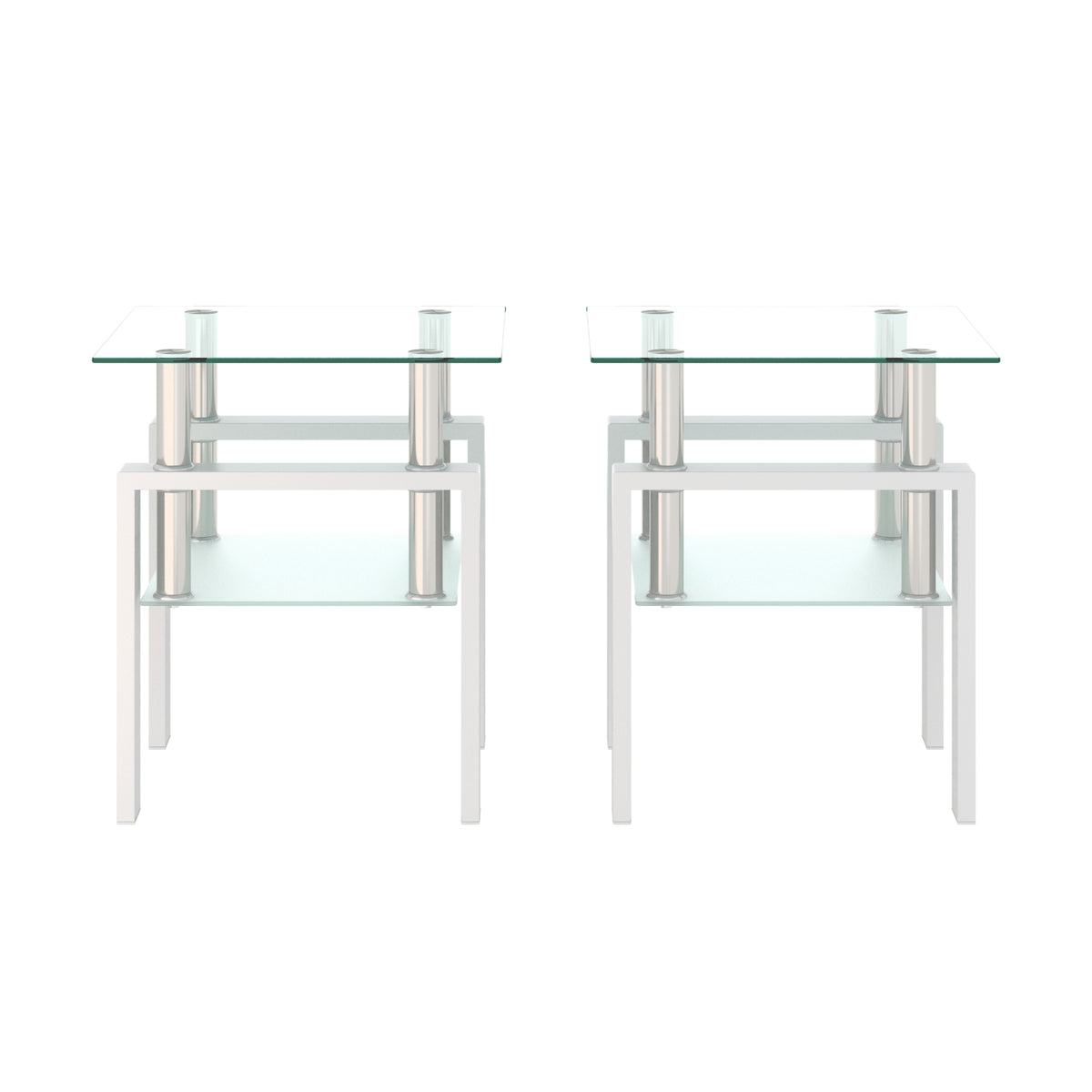 AEELLEEA Set of 2 Clear Tempered Glass End Tables, 17.72 in Square Side Tables with Frosted Shelf, White Metal Frame, 150 lb Capacity