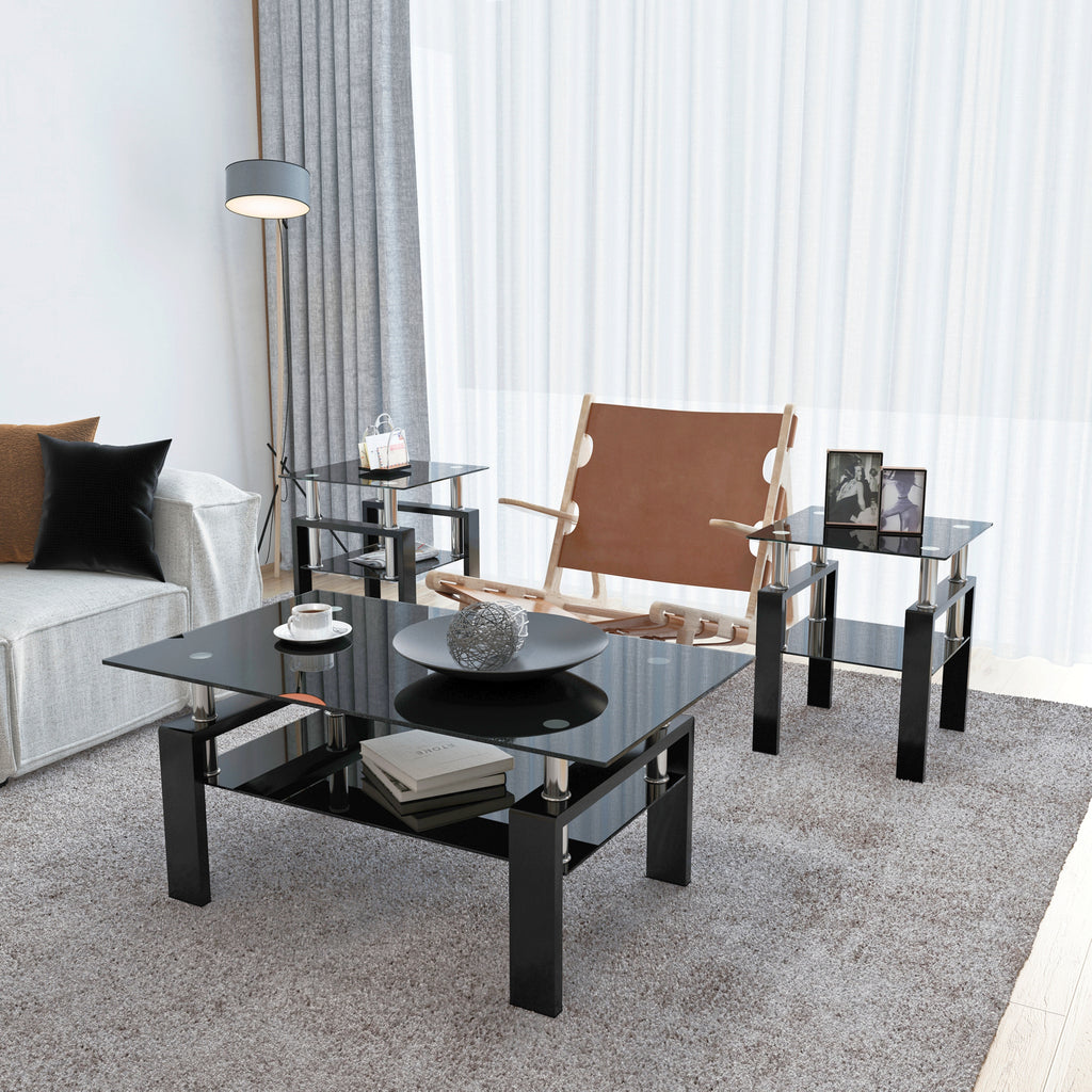 AEELLEEA Set of 2 Black Tempered Glass End Tables, 17.72 in Square Side Tables with Lower Shelf, Metal Frame, 150 lb Capacity