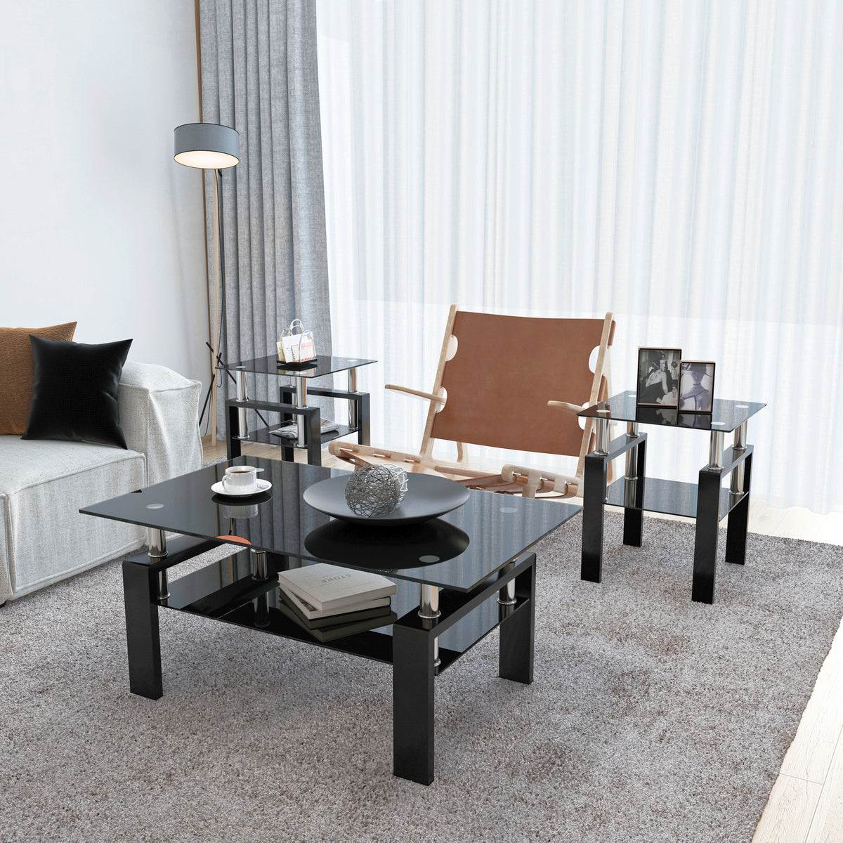AEELLEEA Set of 2 Black Tempered Glass End Tables, 17.72 in Square Side Tables with Lower Shelf, Metal Frame, 150 lb Capacity