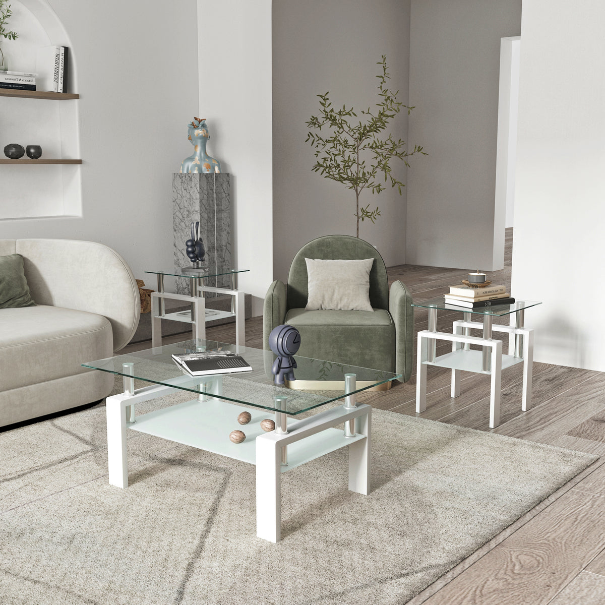 AEELLEEA Set of 2 Clear Tempered Glass End Tables, 17.72 in Square Side Tables with Frosted Shelf, White Metal Frame, 150 lb Capacity