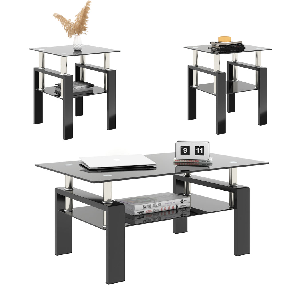 AEELLEEA Set of 2 Black Tempered Glass End Tables, 17.72 in Square Side Tables with Lower Shelf, Metal Frame, 150 lb Capacity