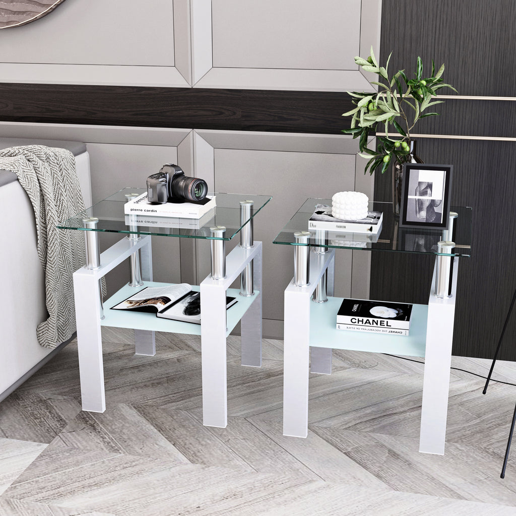 AEELLEEA Set of 2 Clear Tempered Glass End Tables, 17.72 in Square Side Tables with Frosted Shelf, White Metal Frame, 150 lb Capacity