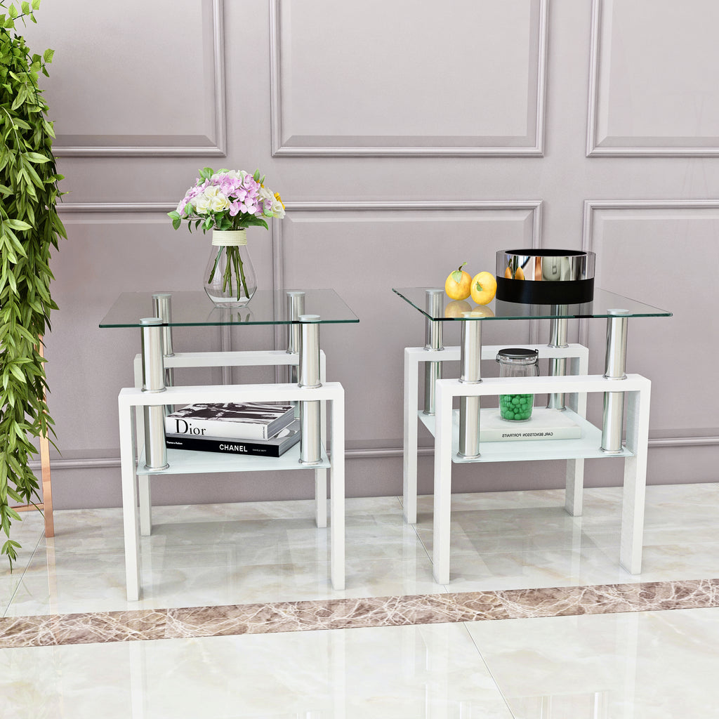 AEELLEEA Set of 2 Clear Tempered Glass End Tables, 17.72 in Square Side Tables with Frosted Shelf, White Metal Frame, 150 lb Capacity
