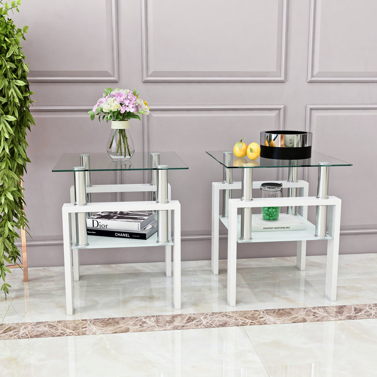 AEELLEEA Set of 2 Clear Tempered Glass End Tables, 17.72 in Square Side Tables with Frosted Shelf, White Metal Frame, 150 lb Capacity