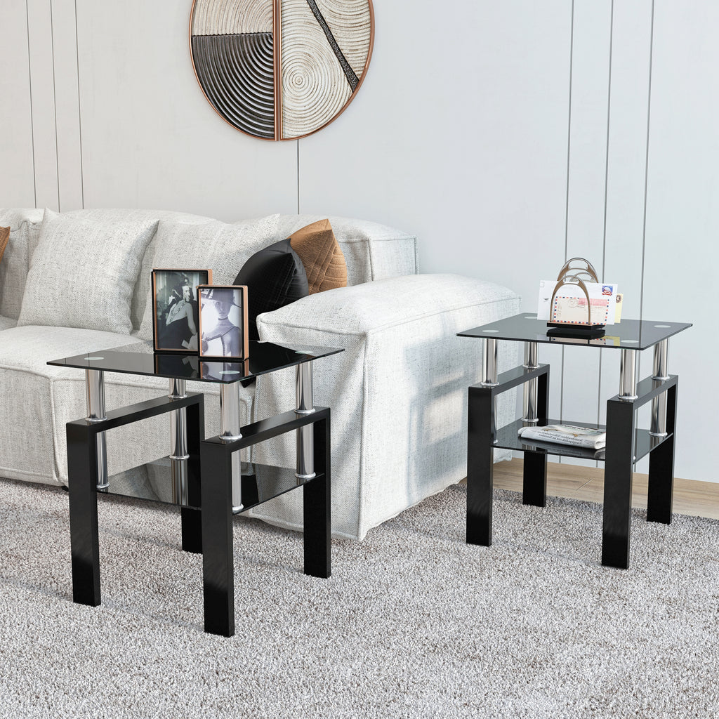 AEELLEEA Set of 2 Black Tempered Glass End Tables, 17.72 in Square Side Tables with Lower Shelf, Metal Frame, 150 lb Capacity