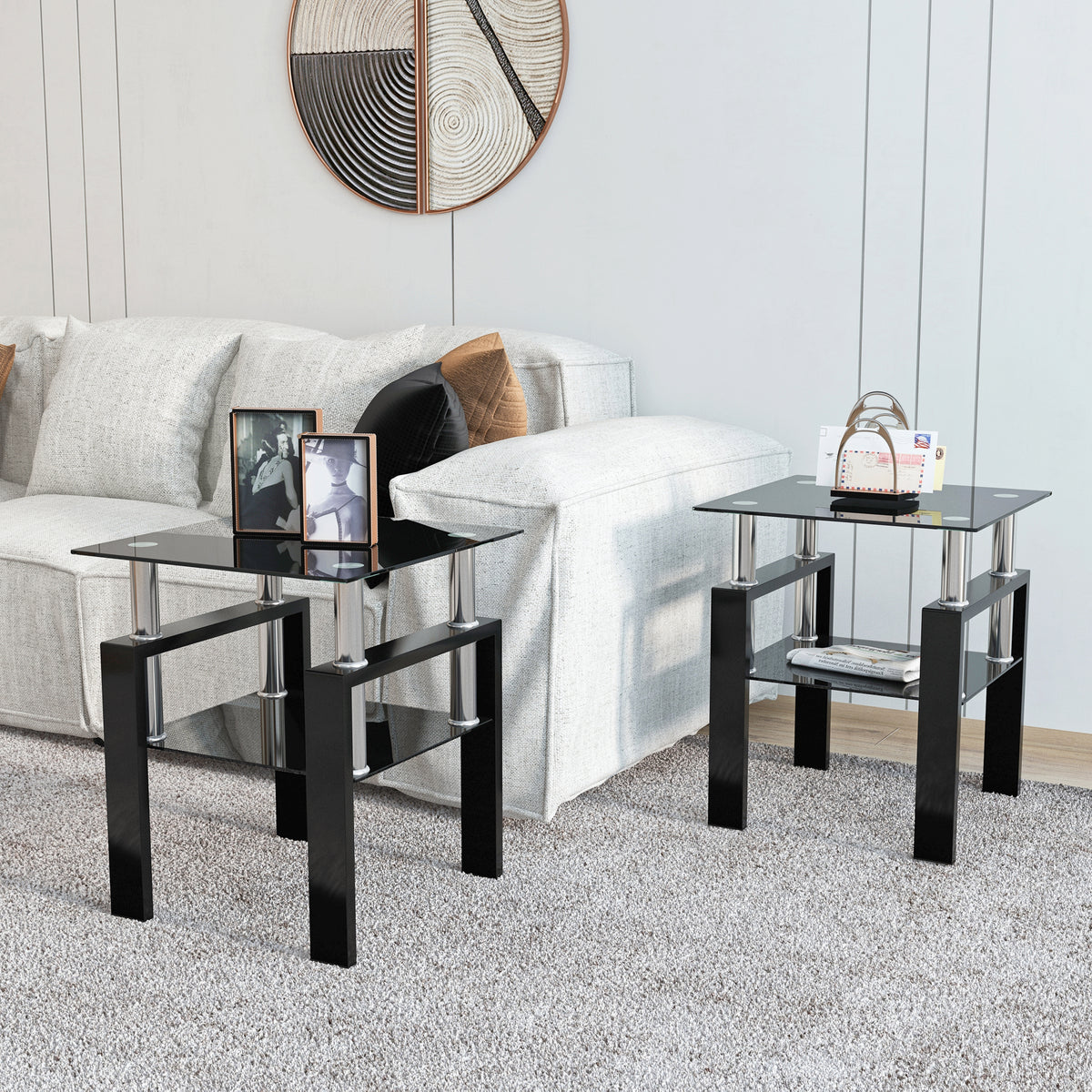 AEELLEEA Set of 2 Black Tempered Glass End Tables, 17.72 in Square Side Tables with Lower Shelf, Metal Frame, 150 lb Capacity