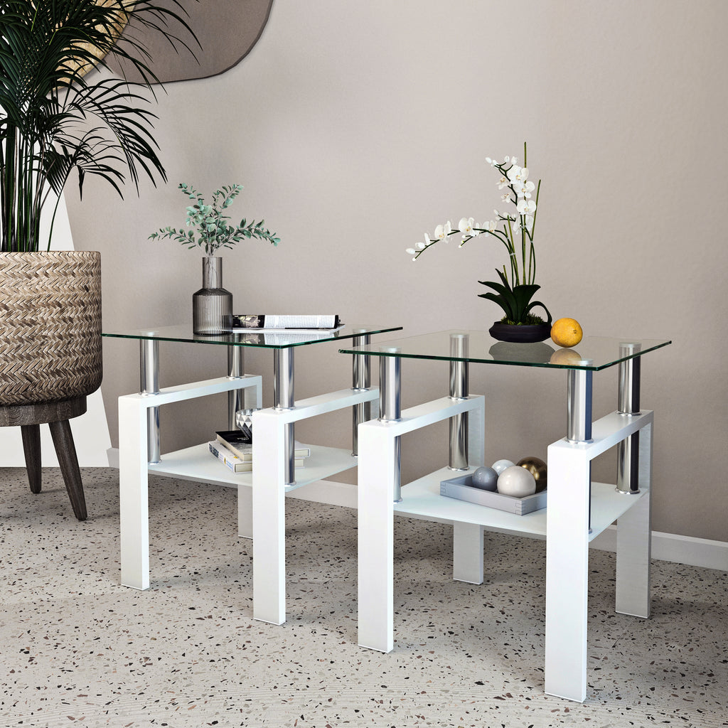 AEELLEEA Set of 2 Clear Tempered Glass End Tables, 17.72 in Square Side Tables with Frosted Shelf, White Metal Frame, 150 lb Capacity