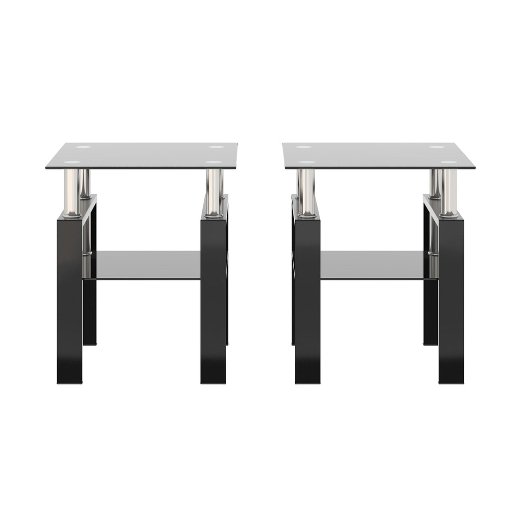 AEELLEEA Set of 2 Black Tempered Glass End Tables, 17.72 in Square Side Tables with Lower Shelf, Metal Frame, 150 lb Capacity