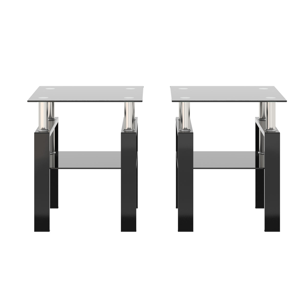 AEELLEEA Set of 2 Black Tempered Glass End Tables, 17.72 in Square Side Tables with Lower Shelf, Metal Frame, 150 lb Capacity
