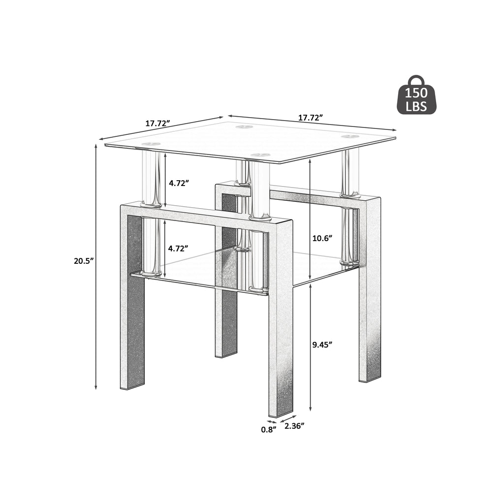 AEELLEEA Set of 2 Black Tempered Glass End Tables, 17.72 in Square Side Tables with Lower Shelf, Metal Frame, 150 lb Capacity