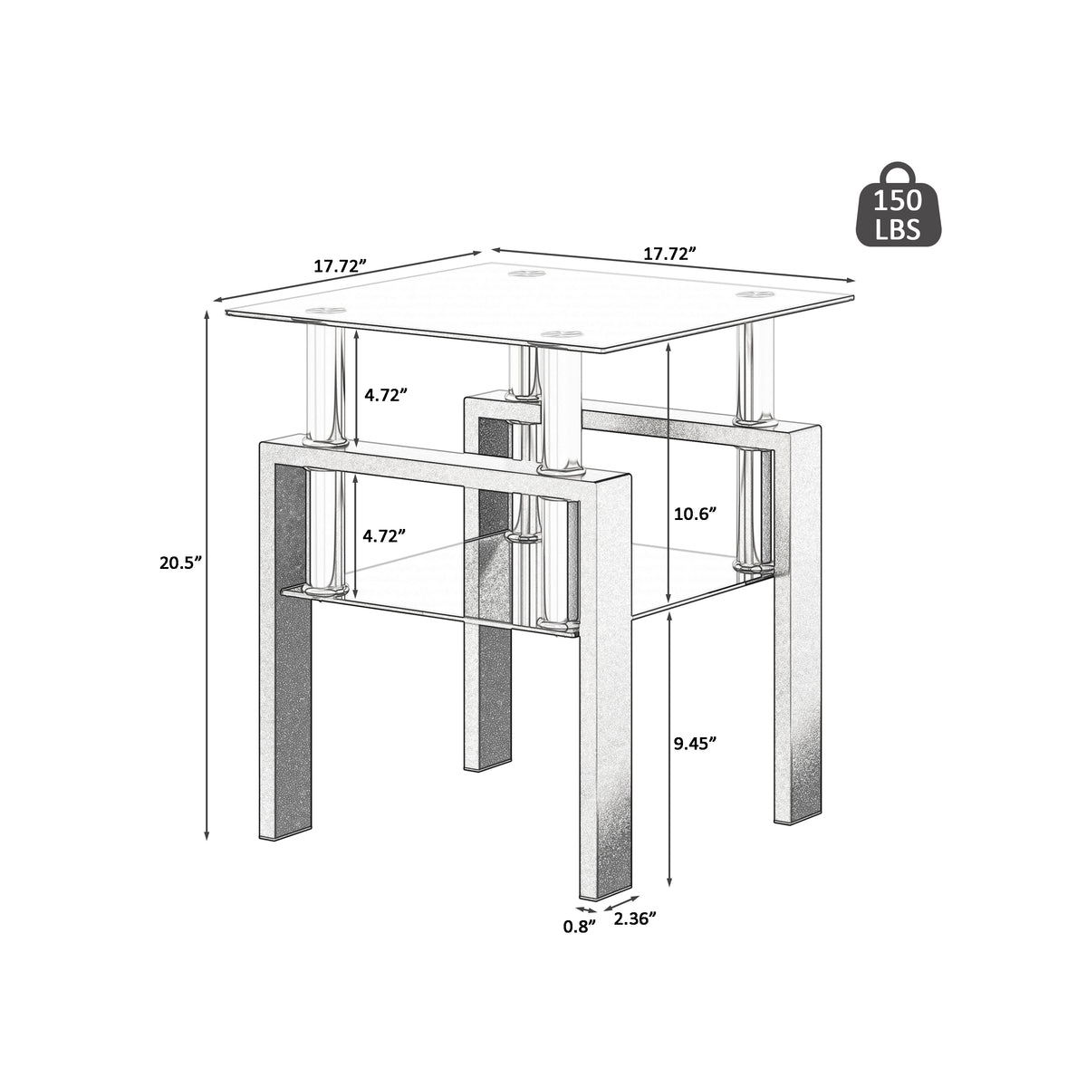 AEELLEEA Set of 2 Black Tempered Glass End Tables, 17.72 in Square Side Tables with Lower Shelf, Metal Frame, 150 lb Capacity