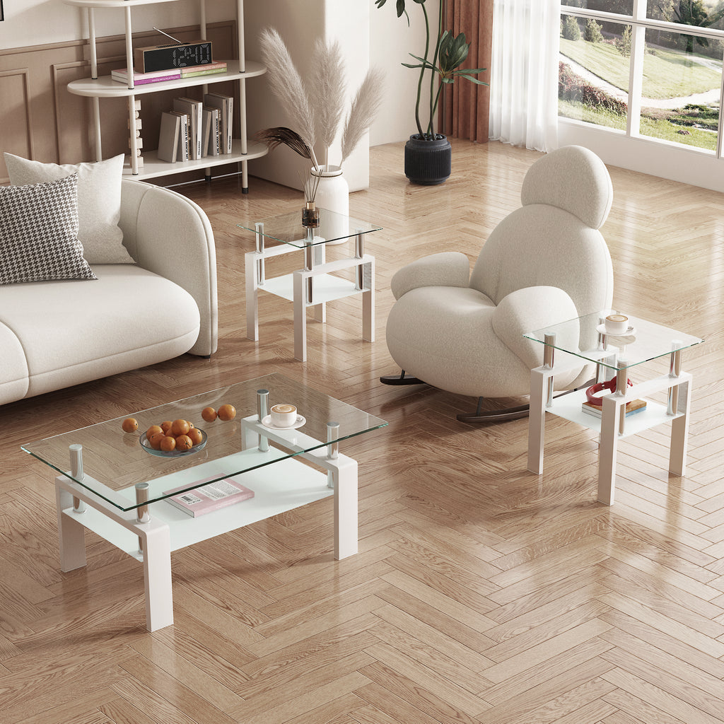 AEELLEEA Set of 2 Clear Tempered Glass End Tables, 17.72 in Square Side Tables with Frosted Shelf, White Metal Frame, 150 lb Capacity