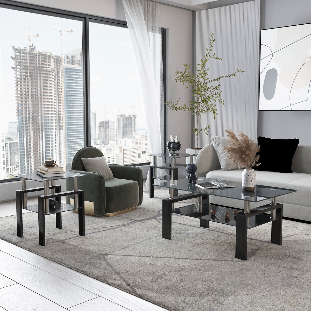 AEELLEEA Set of 2 Black Tempered Glass End Tables, 17.72 in Square Side Tables with Lower Shelf, Metal Frame, 150 lb Capacity