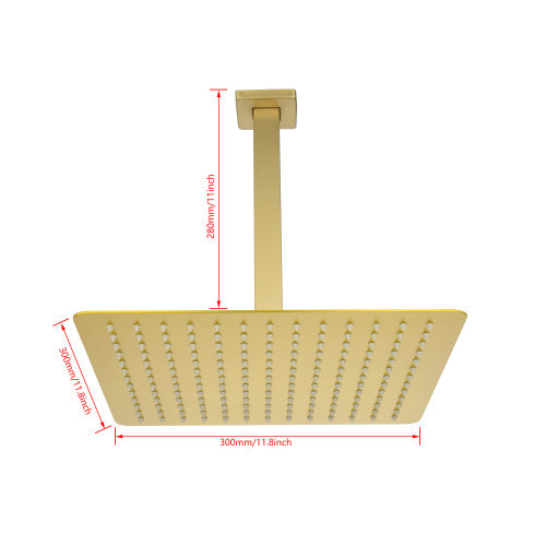AEELLEEA 11.8 Inch Square Rain Shower Head with Ceiling Arm, Brushed Gold Overhead Rainfall Shower