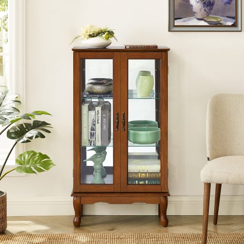 AEELLEEA Lighted Curio Display Cabinet with Adjustable Glass Shelves, Acrylic Mirror Back & Tempered Glass Doors, Oak Finish