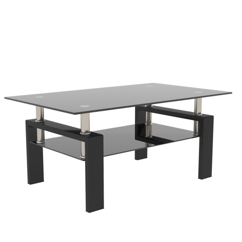 AEELLEEA Black Tempered Glass Coffee Table, 7mm Glass Top, Lower Storage Shelf, Modern Rectangular Living Room Table