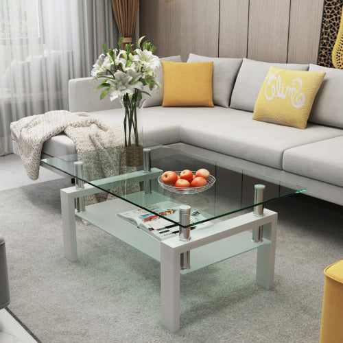 AEELLEEA Modern Glass Coffee Table, 8mm Tempered Glass Top, Lower Storage Shelf, White Metal Frame, Rectangular Living Room Table
