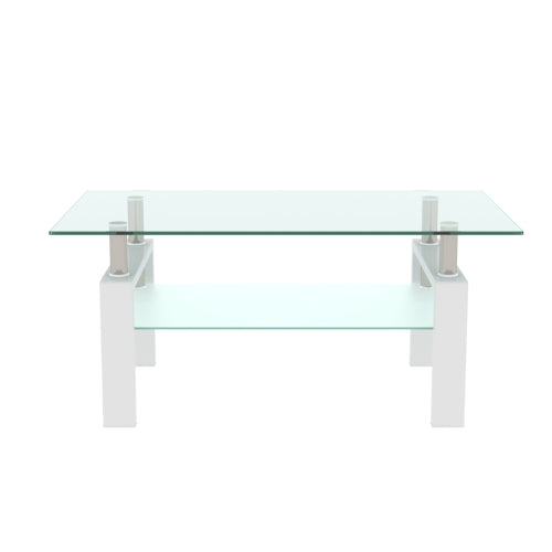 AEELLEEA Modern Glass Coffee Table, 8mm Tempered Glass Top, Lower Storage Shelf, White Metal Frame, Rectangular Living Room Table