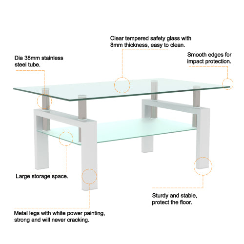 AEELLEEA Modern Glass Coffee Table, 8mm Tempered Glass Top, Lower Storage Shelf, White Metal Frame, Rectangular Living Room Table