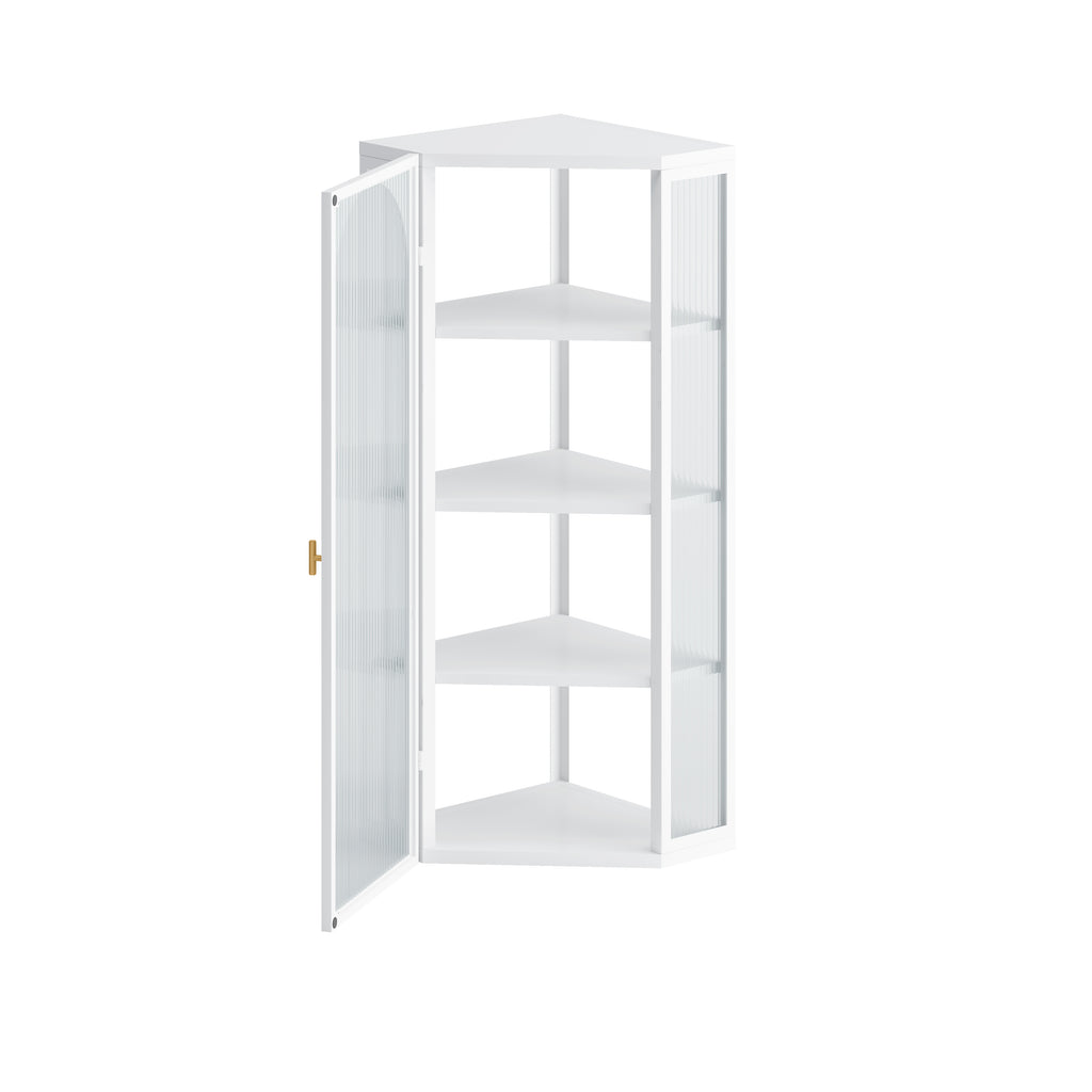 AEELLEEA Wall Mounted Corner Cabinet with Ribbed Glass Door, 4-Tier Metal Storage Cabinet for Bathroom, Kitchen & Living Room, White