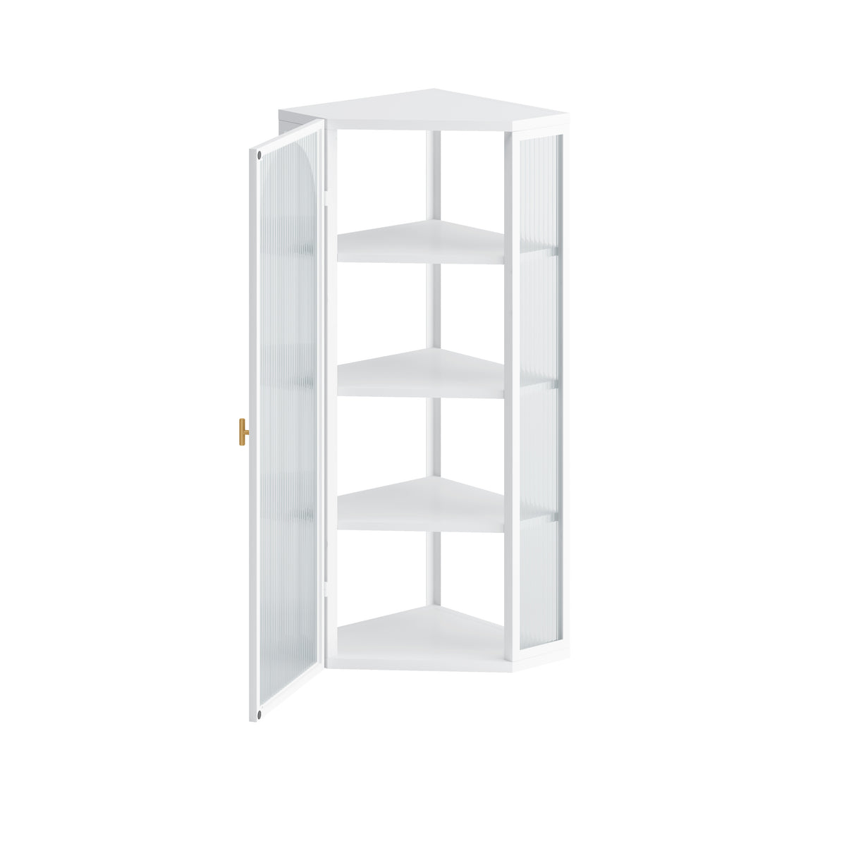 AEELLEEA Wall Mounted Corner Cabinet with Ribbed Glass Door, 4-Tier Metal Storage Cabinet for Bathroom, Kitchen & Living Room, White