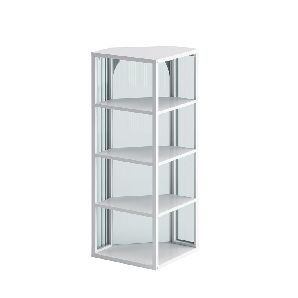 AEELLEEA Wall Mounted Corner Cabinet with Ribbed Glass Door, 4-Tier Metal Storage Cabinet for Bathroom, Kitchen & Living Room, White