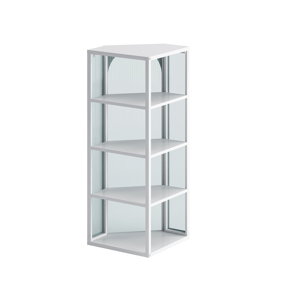 AEELLEEA Wall Mounted Corner Cabinet with Ribbed Glass Door, 4-Tier Metal Storage Cabinet for Bathroom, Kitchen & Living Room, White