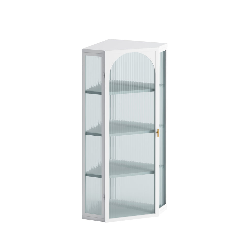 AEELLEEA Wall Mounted Corner Cabinet with Ribbed Glass Door, 4-Tier Metal Storage Cabinet for Bathroom, Kitchen & Living Room, White