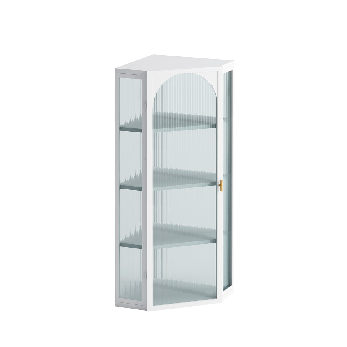 AEELLEEA Wall Mounted Corner Cabinet with Ribbed Glass Door, 4-Tier Metal Storage Cabinet for Bathroom, Kitchen & Living Room, White