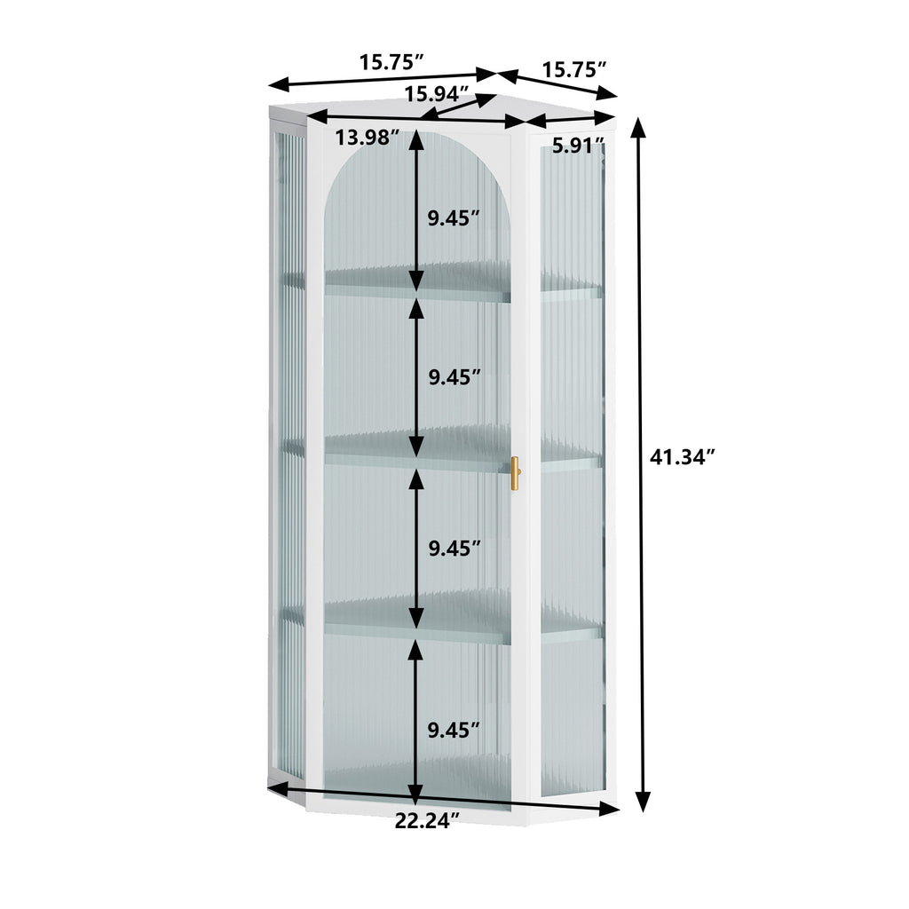 AEELLEEA Wall Mounted Corner Cabinet with Ribbed Glass Door, 4-Tier Metal Storage Cabinet for Bathroom, Kitchen & Living Room, White