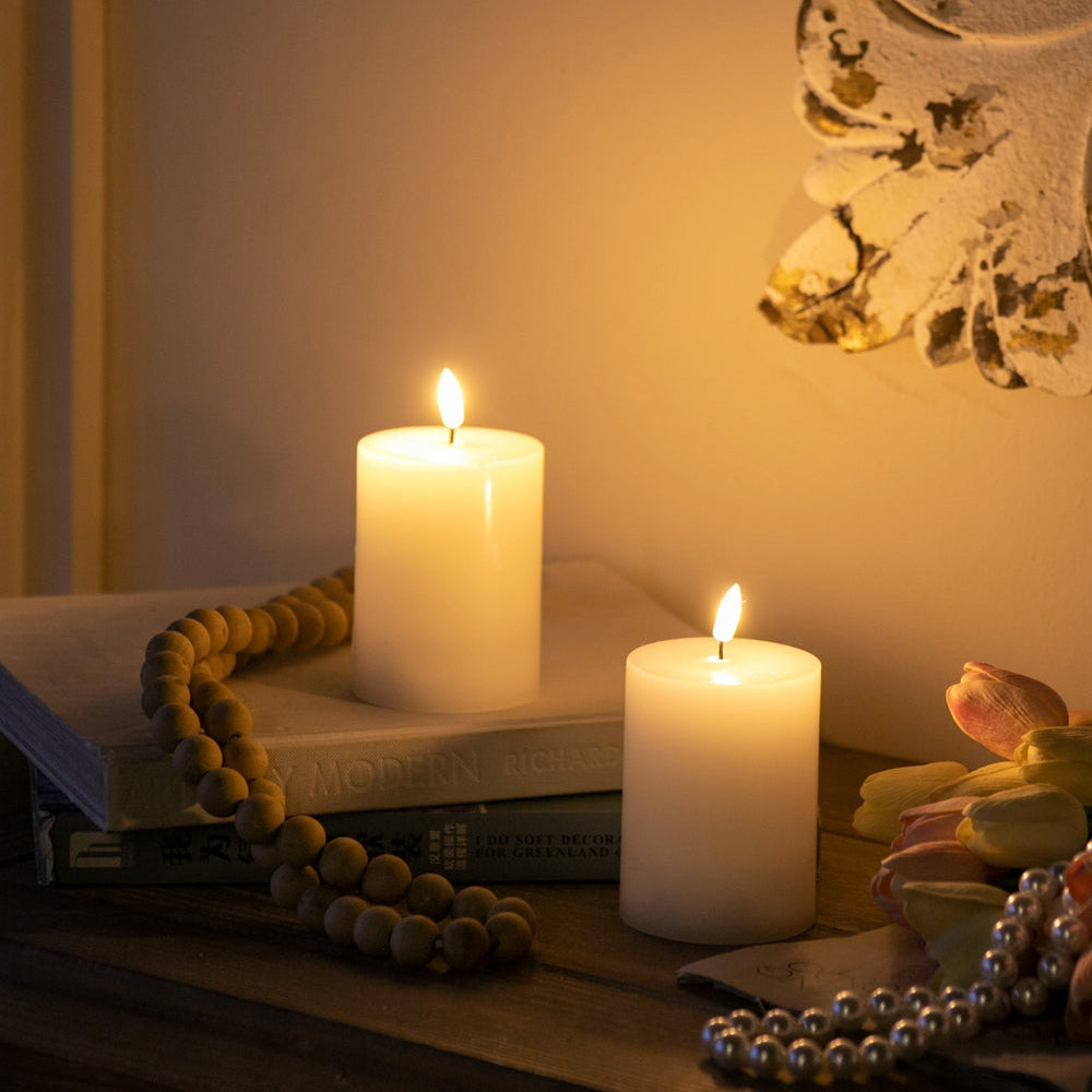 Set of 2 White LED Candles with Wick and Remote Control Timer, 3X4"