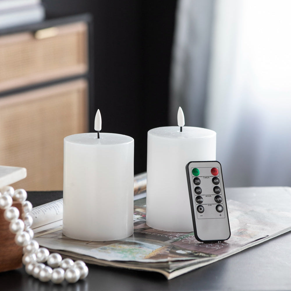 Set of 2 White LED Candles with Wick and Remote Control Timer, 3X4"