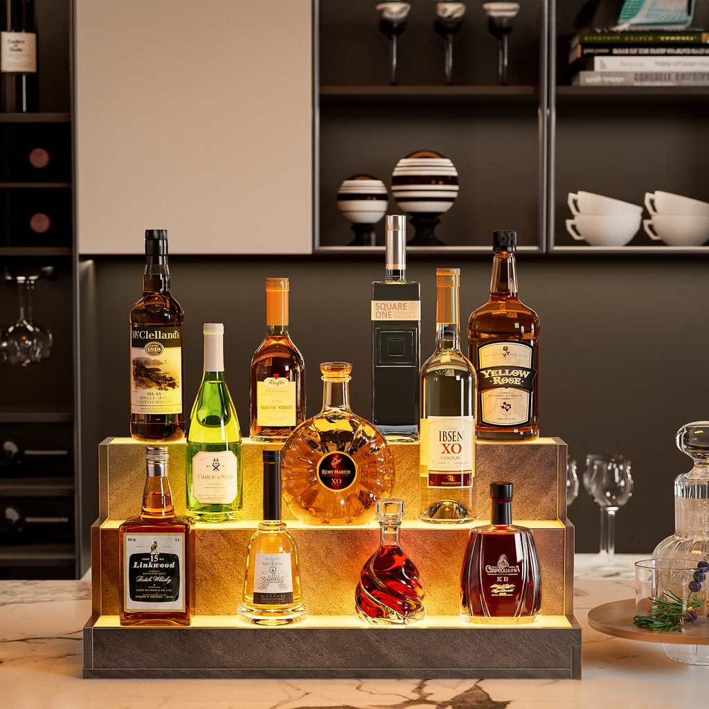 AEELLEEA 24" LED Liquor Bottle Display Shelf, 3-Tier Grey Bar Shelf with App & Remote Control, Music Sync, 16 Colors