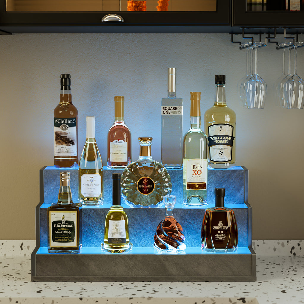 AEELLEEA 24" LED Liquor Bottle Display Shelf, 3-Tier Grey Bar Shelf with App & Remote Control, Music Sync, 16 Colors