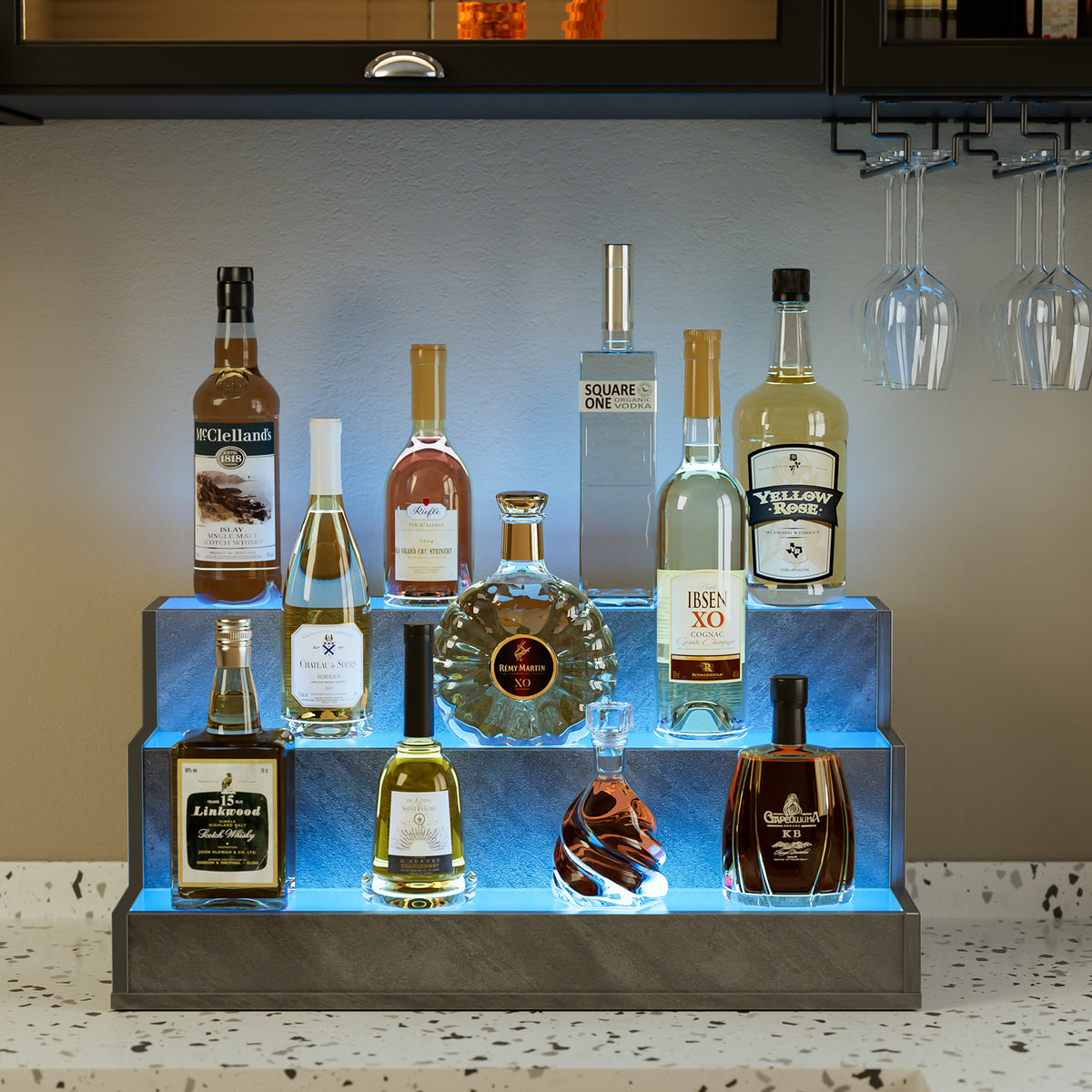 AEELLEEA 24" LED Liquor Bottle Display Shelf, 3-Tier Grey Bar Shelf with App & Remote Control, Music Sync, 16 Colors