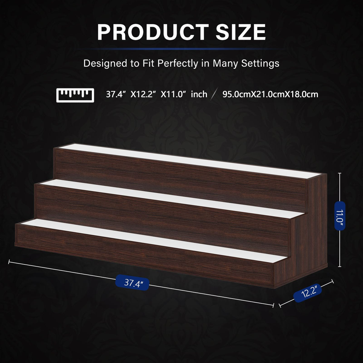 AEELLEEA 37" LED Liquor Bottle Display Shelf, 3-Tier Walnut Bar Shelf with App & Remote Control, Music Sync, 16 Colors