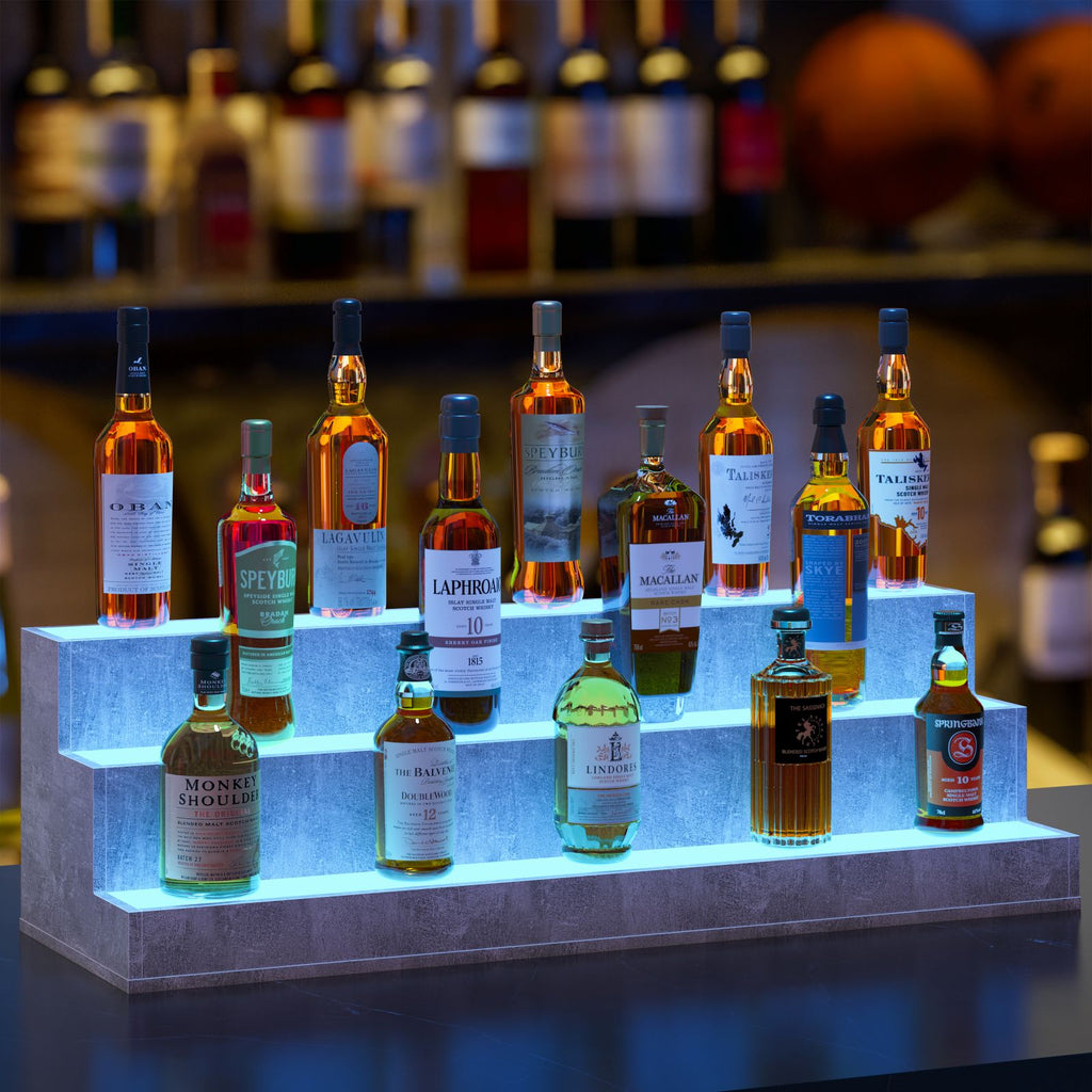 AEELLEEA 37" LED Liquor Bottle Display Shelf, 3-Tier Grey Bar Shelf with App & Remote Control, Music Sync, 16 Colors