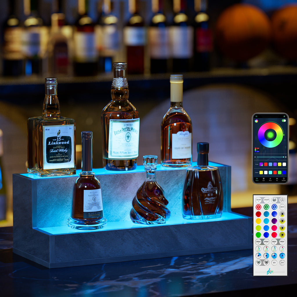 AEELLEEA 20 in LED Liquor Bottle Display Shelf, 2-Tier Bar Shelf with App & Remote Control, 16 Colors, Music Sync, Cement Gray